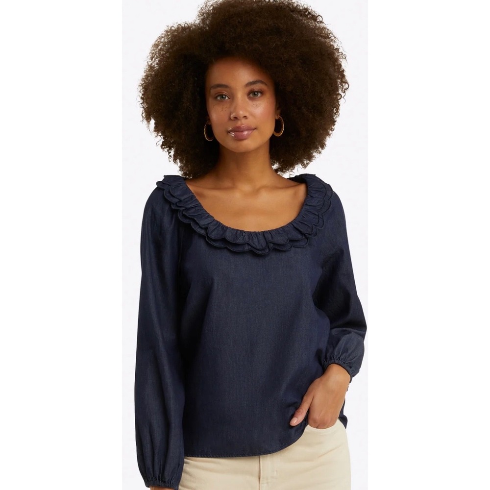 Draper James Reyna Long Sleeve Top Dark Wash Chambray‎ Ruffle Neck XS TOD0323